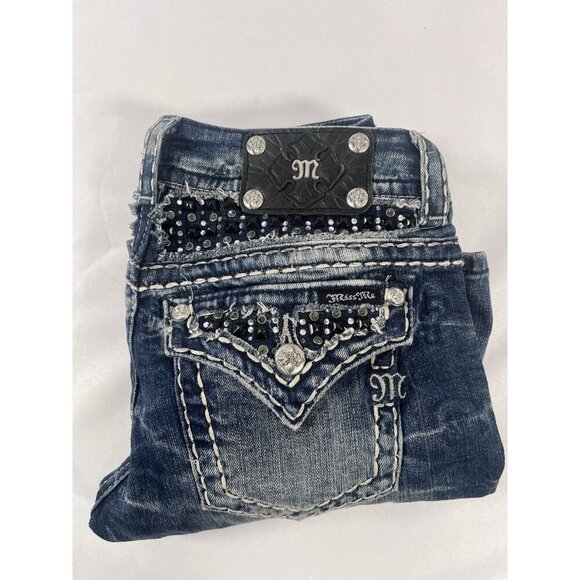 MISS ME JE5652ER Easy Boot Cut Flap Pockets Bling Jeans Distressed Size 26 - Picture 1 of 8